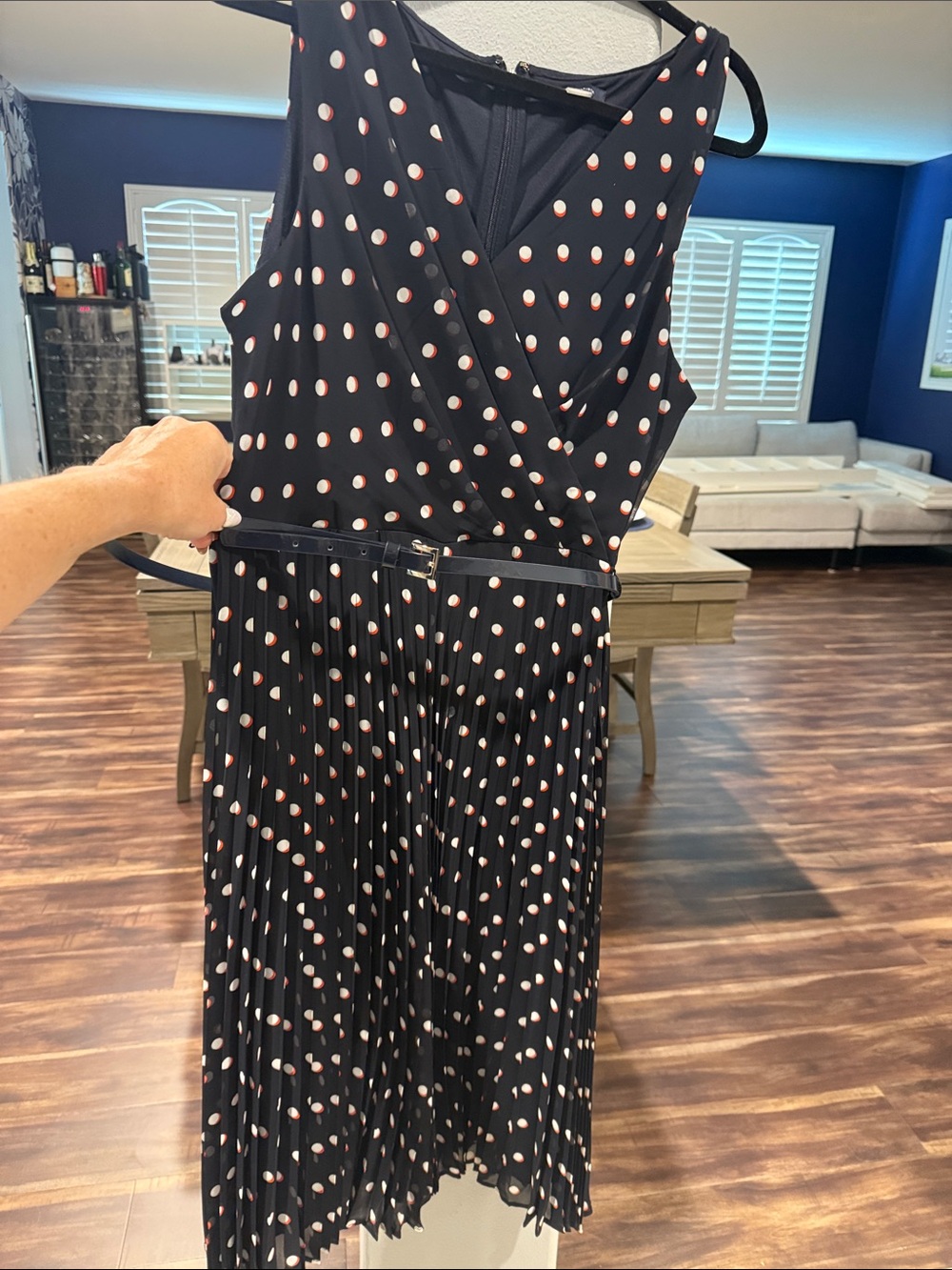 Tommy Hilfiger Navy Dress with red and white Polka Dots and Pleated Midi Skirt